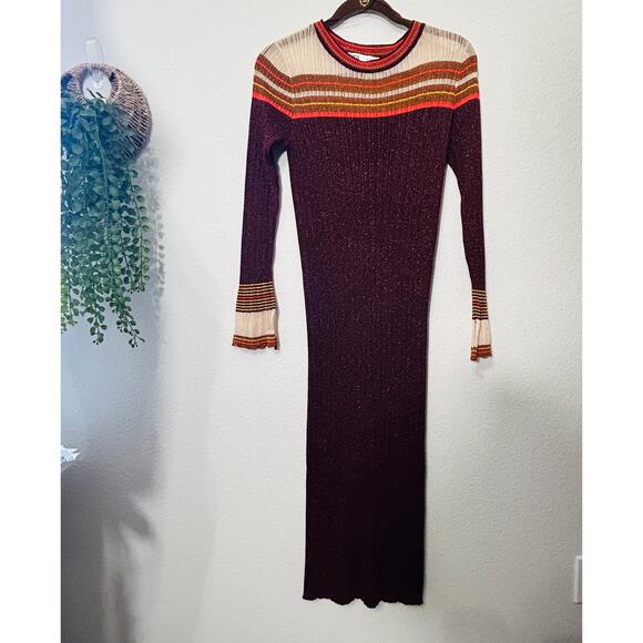 Zara Ribbed Knit Shimmer Sweater Dress Metallic Bell Sleeves Long Burgundy Large - Picture 3 of 12